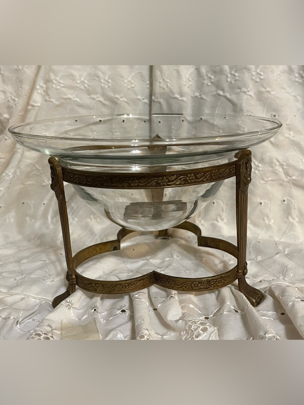 Vintage Brass Copper Deco 3 footed stand with large clear Bowl.